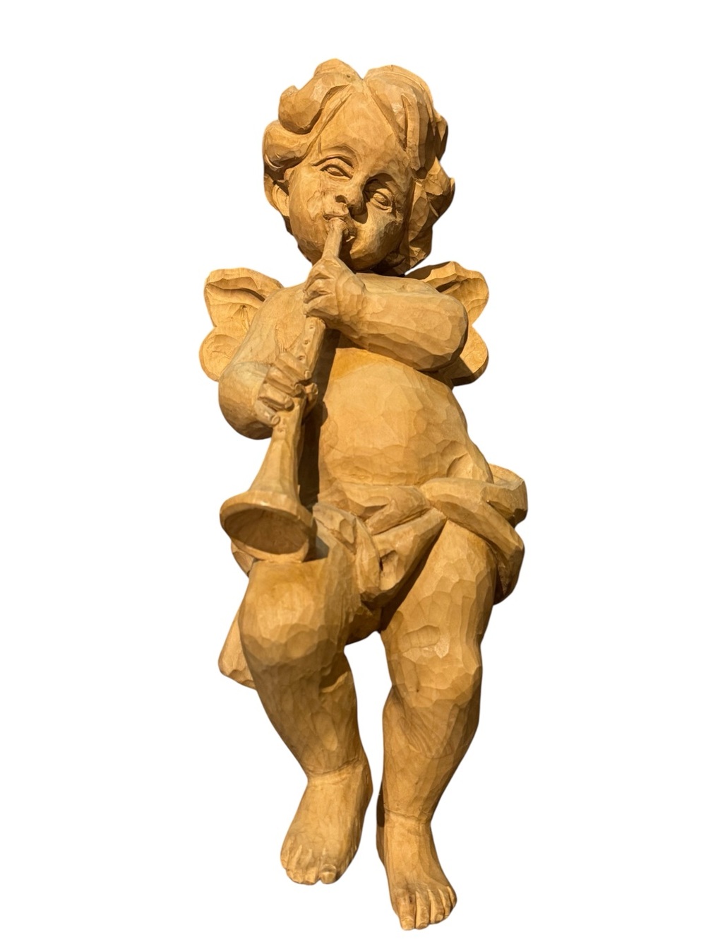 Vintage Large Hand Carved Italy Pucci Cherub Angel Figurine- Natural Wood